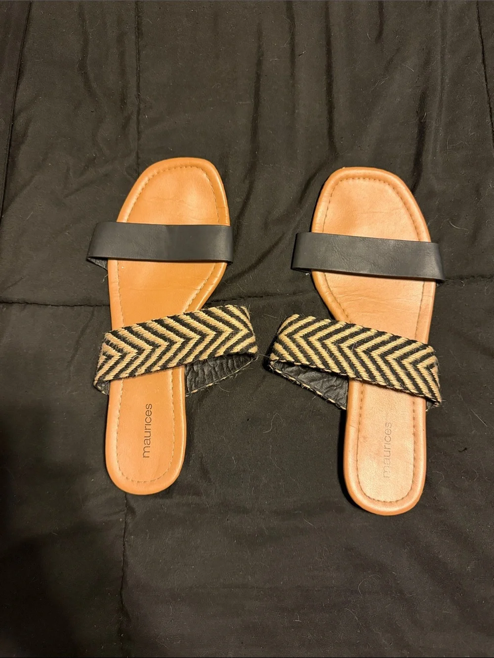 Maurices Black and Tan Chevron Strap Slide Sandals